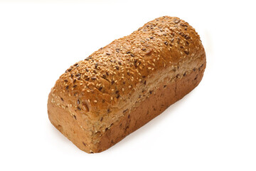 Bread. loaf of freshly baked  bread. Artisan bread with seeds on a white background. Rustic sourdough bread.