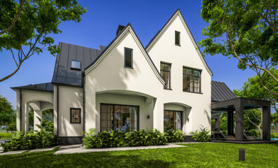 3d rendering of cute cozy white and black modern Tudor style house with parking  and pool for sale or rent with beautiful landscaping. Fairy roofs. Clear sunny summer day with blue sky.