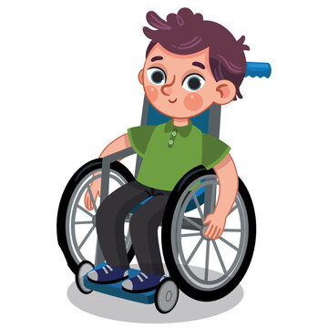 Teenage boy is smiling and looking at camera in his wheelchair.