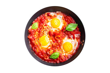 shakshuka fried egg breakfast eggs, tomato, pepper, vegetables healthy meal food snack on the table copy space food background  - obrazy, fototapety, plakaty