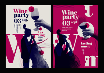 Hands holding glass of wine and silhouette of musician playing contrabass. Retro style, halftone effect. Template for event poster, magazine, cover or promotion. Vector