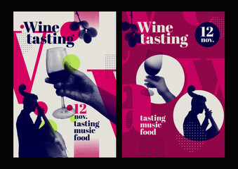 Hands holding glass of wine and silhouette of musician playing contrabass. Retro style, halftone effect. Template for event poster, magazine, cover or promotion. Vector