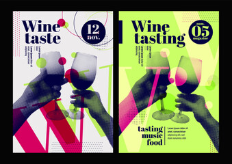 Hands holding glass of wine and toasting, retro style, halftone effect. Template for event poster, magazine, cover or promotion. Vector - 537277126