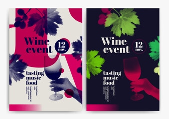 Collage hand holding wine glass, vine leaves and grapes with retro style, halftone effect. Template for event poster, magazine or promotion. Vector - 537277190