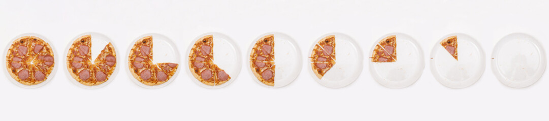 Pizza slides getting removed piece by piece, ultra wide banner panorama
