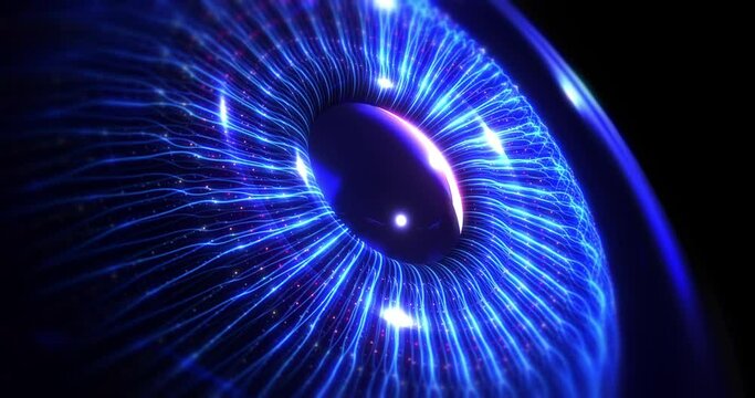 Optical fibers forming 3d blue human eye. Artificial intelligence concept. Futuristic technology concept 3d 4k animation.