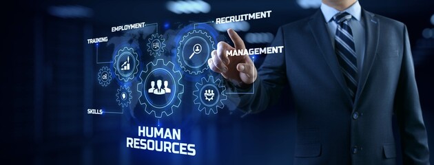 HR Human resources management Recruitment Headhunting. Businessman pressing button on screen. - obrazy, fototapety, plakaty