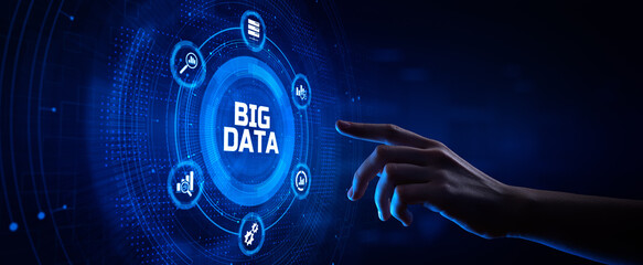 Big Data Analysis Analytics technology concept. Hand pressing button on screen.