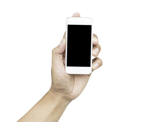 Hand holding mobile phone isolated