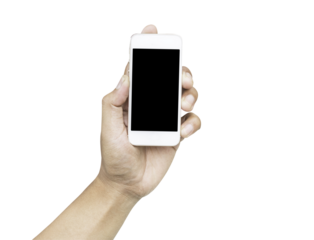 Hand holding mobile phone isolated