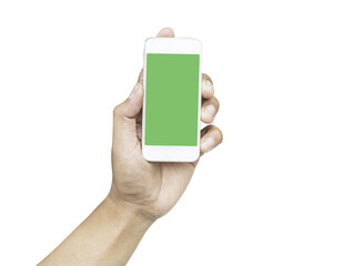 Hand shows mobile smartphone with green screen in vertical position isolated