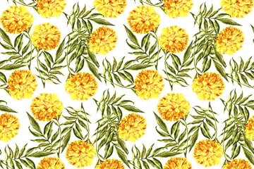 Fototapeten Watercolor flowers marigold with leaves on white  background.   Seamless pattern for decorations textiles and papers. © Olga Kleshchenko