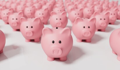 A collection of pink piggy bank money boxes. Finance and saving concept. 3D Rendering