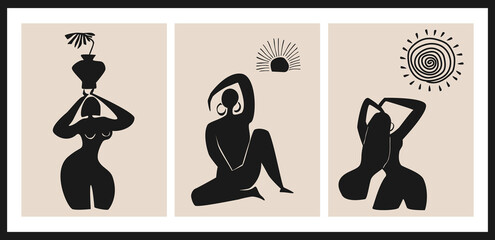 abstract modern retro minimalist art woman figures posters set, vector illustration graphic prints design