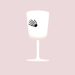 Halloween minimal concept with pastel pink background and black skeleton hand above white wine glass on wallpaper with copy space. Holiday autumn idea for party invitation. Spooky symbol.