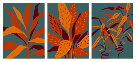 Fototapeta na wymiar abstract foliage houseplants new retro prints set, vector illustration