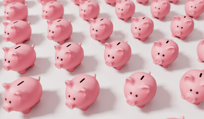 A collection of pink piggy bank money boxes. Finance and saving concept. 3D Rendering