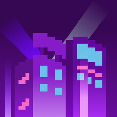 Neon City Night Atmosphere Illustration with Two Buildings, Pixelated Art