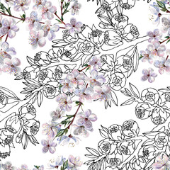 Watercolor seamless pattern with spring flowers cherry and graphic flowers sakura on white background.