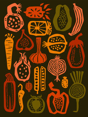 abstract cut out style fruits and vegetables organic kitchen print, vector illustration