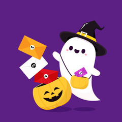 Happy halloween party greeting card with cute ghost. Trick or treat. Halloween envelope vector. Paper envelope in Halloween day.