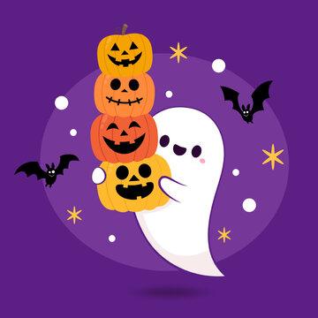 Happy halloween party greeting card with cute ghost. Holidays cartoon character. Trick or treat. Halloween funny cartoon.