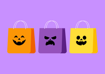 Shopping paper bag handle set. Pumpkin sad smile face on paper bag. Present inside. Special offer. Happy Halloween sign symbol template for sale banner. Flat design.
