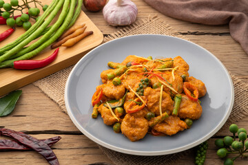 Stir Fried Fish Balls with Red Curry,Spicy stir fry clown featherback fishball with sting bean and Turkey berry with Thai curry paste