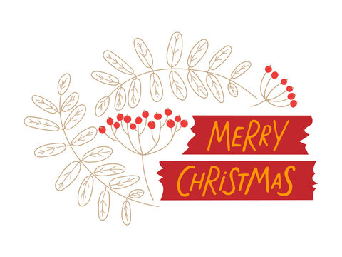 Merry Christmas sign. Christmas greeting card with golden twigs and red berries and inscription Merry Christmas on white background. Hand drawn lettering. template for card, banner, invitation.
