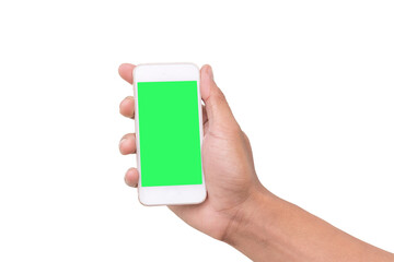 Hand shows mobile smartphone with green screen in vertical position isolated