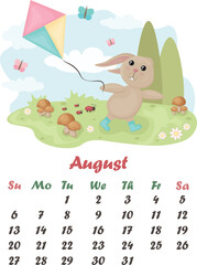 Obraz premium Calendar August. Rabbit with a kite. Cute summer illustration with a cartoon rabbit running with a kite, in a field with mushrooms and berries. Vector illustration