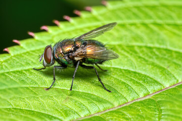 close up of a common greenbottle fly - Lucilia sericata - sitting on a green leaf. Macrophotography