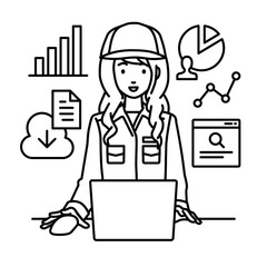 デスクでPCを前にリサーチ・データ分析・レポート作成をしている作業員の女性