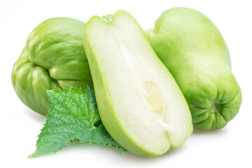 Chayote fruits and half of chayote fruit isolated on white background.