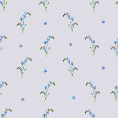 Watercolor meadow blue flowers on gray background. Floral seamless pattern.
