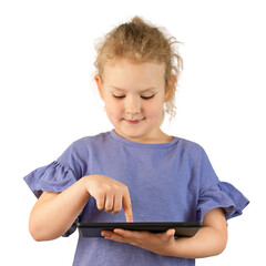 girl child with tablet touching the screen with her finger isolated on white background