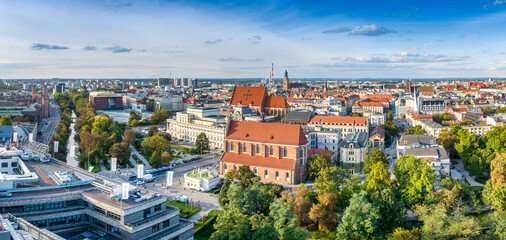 Wroclaw city centre aerial drone panoramic shot.