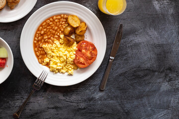English Breakfast with Beans and Scrambled Eggs