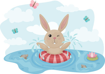 A rabbit is swimming in the lake. Summer illustration with the image of a bathing hare. Cute bunny with an inflatable circle on the background of flying butterflies. Vector illustration