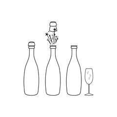 Champagne bottle and glass. Vector illustration. Holiday design elements. Black and white icon.