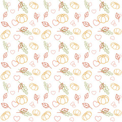 Seamless pattern with pumpkin, leaves, hearts