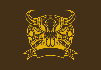 Retro style illustration of a bull head and skull