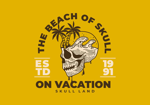 Vintage skull with beach illustration on it