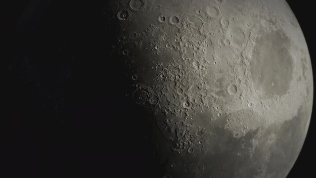 Flight over the surface of the moon. Detailed 3D moon animation. Sci-fi cinematic footage. Clip 1 of 3. 