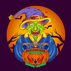 halloween witch monster, witch by concocting with pumpkin