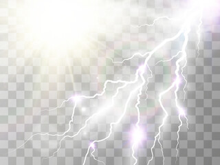 	
Climate vector drawing of the sun and lightning shining through the clouds.	
