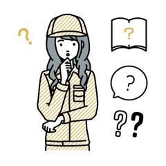 立って手をあごにあてて疑問を感じている作業員の女性 クエスチョンマークのセット
