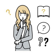 立って手をあごにあてて疑問を感じているスーツの女性 クエスチョンマークのセット