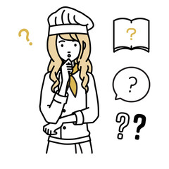 立って手をあごにあてて疑問を感じている調理師の女性 クエスチョンマークのセット