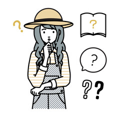 立って手をあごにあてて疑問を感じている農家の女性 クエスチョンマークのセット